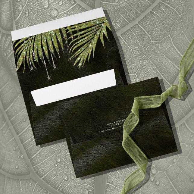 Jewel Palm Leaf Wedding Green ID830 Envelope (Interior/Back In Situ)