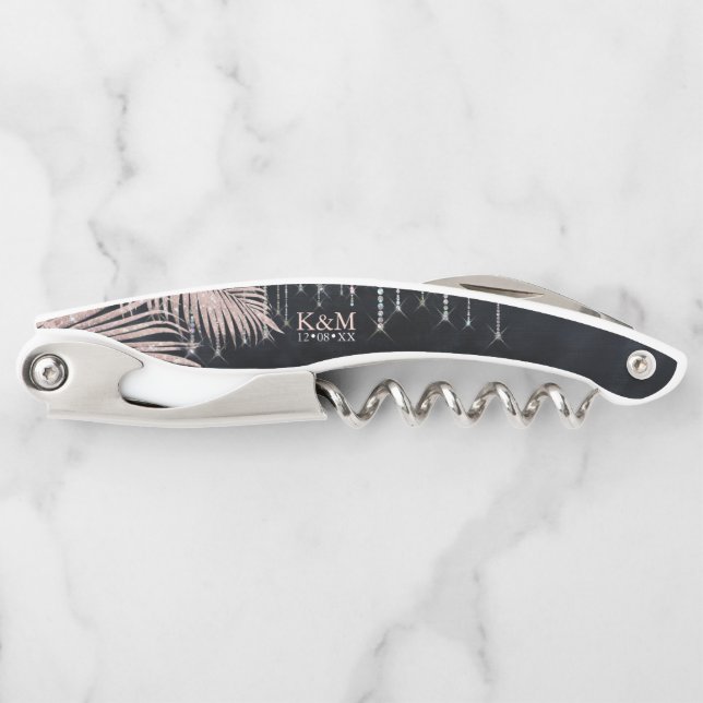 Jewel Palm Leaf Wedding Party Rose Gold/Nvy ID830  Corkscrew (Front)