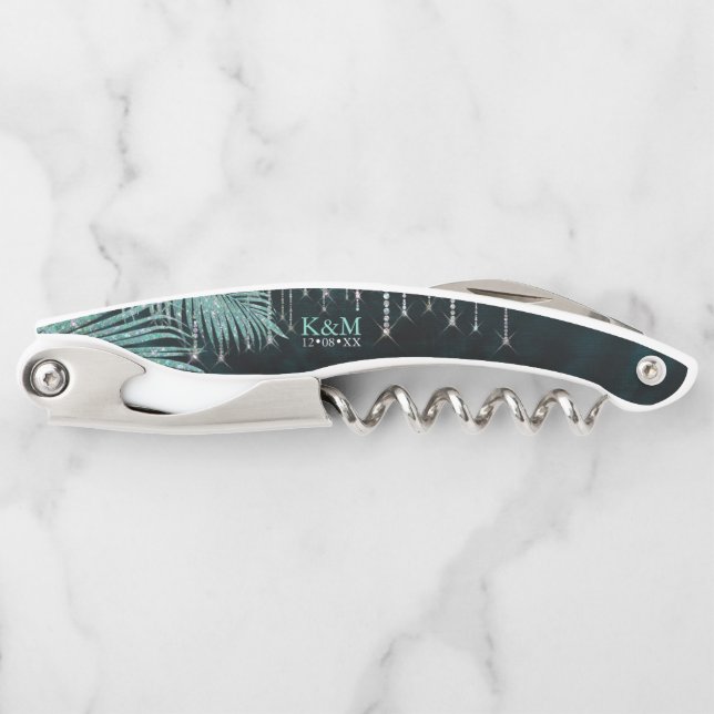 Jewel Palm Leaf Wedding Party Teal ID830 Corkscrew (Front)