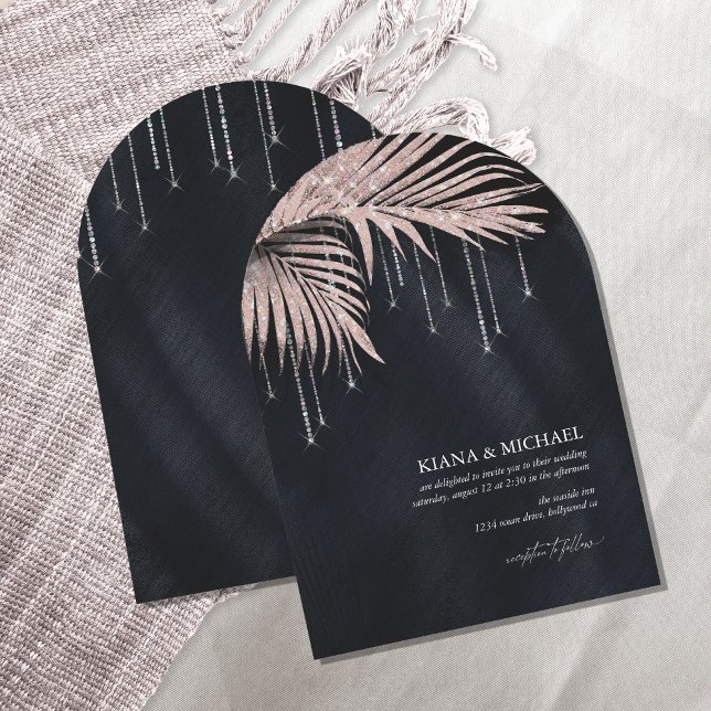 Jewel Palm Leaf Wedding Rose Gold/Navy Arch ID830 Invitation (Creator Uploaded)