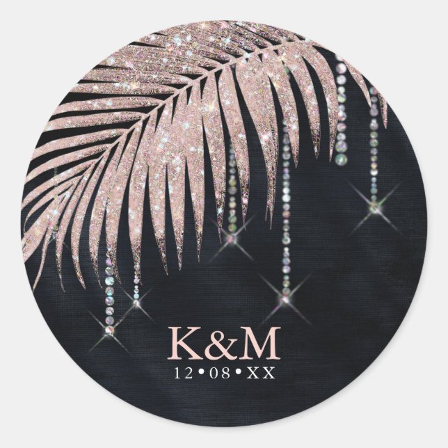 Jewel Palm Leaf Wedding Rose Gold/Navy ID830 Classic Round Sticker (Front)