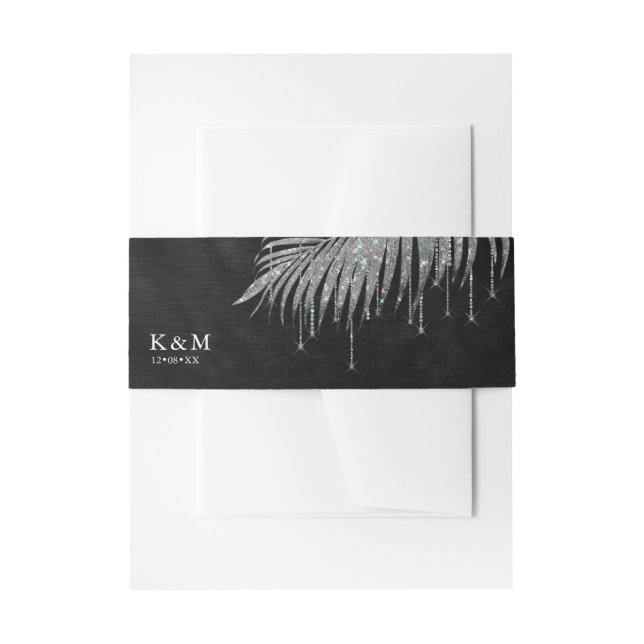 Jewel Palm Leaf Wedding Silver ID830 Invitation Belly Band (Front Example)
