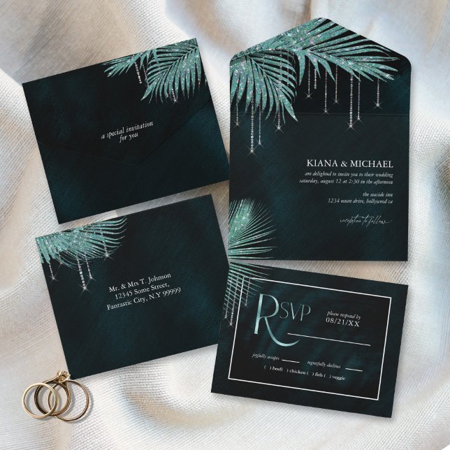 Jewel Palm Leaf Wedding Teal ID830 All In One Invitation (Creator Uploaded)