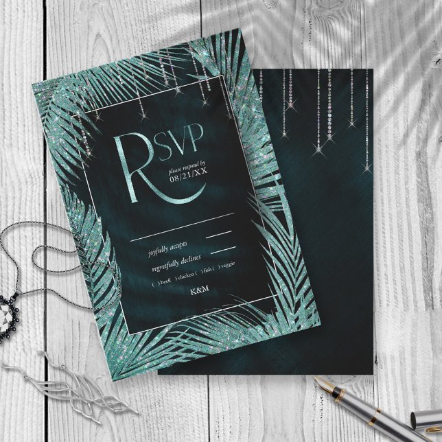 Jewel Palm Leaf Wedding Teal ID830 RSVP Card (Creator Uploaded)