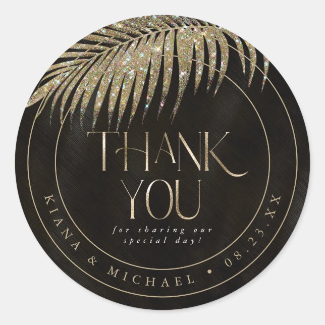 Jewel Palm Leaf Wedding Thank You Gold ID830 Classic Round Sticker (Front)
