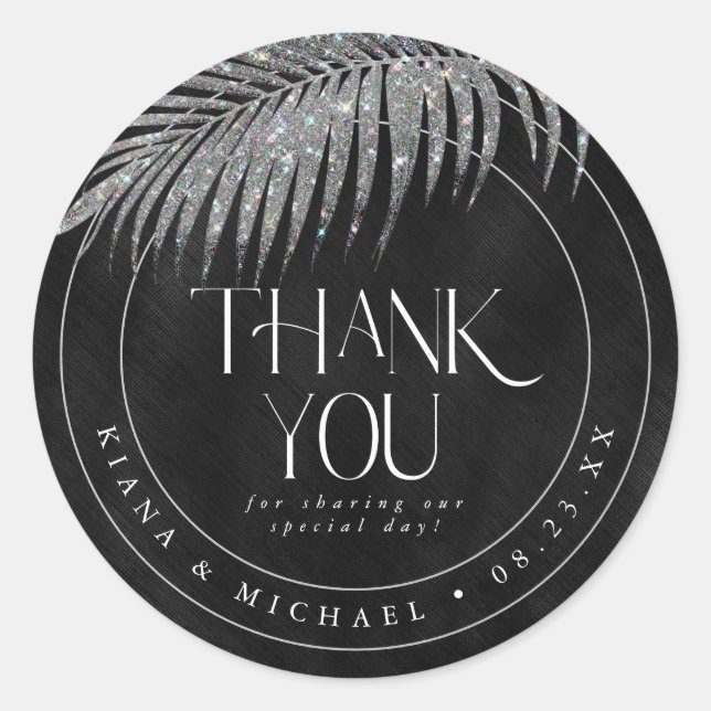 Jewel Palm Leaf Wedding Thank You Silver ID830 Classic Round Sticker (Front)