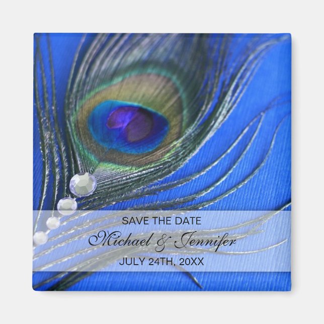 Jewel Peacock Feather Blue Save the Date Magnet (Front)