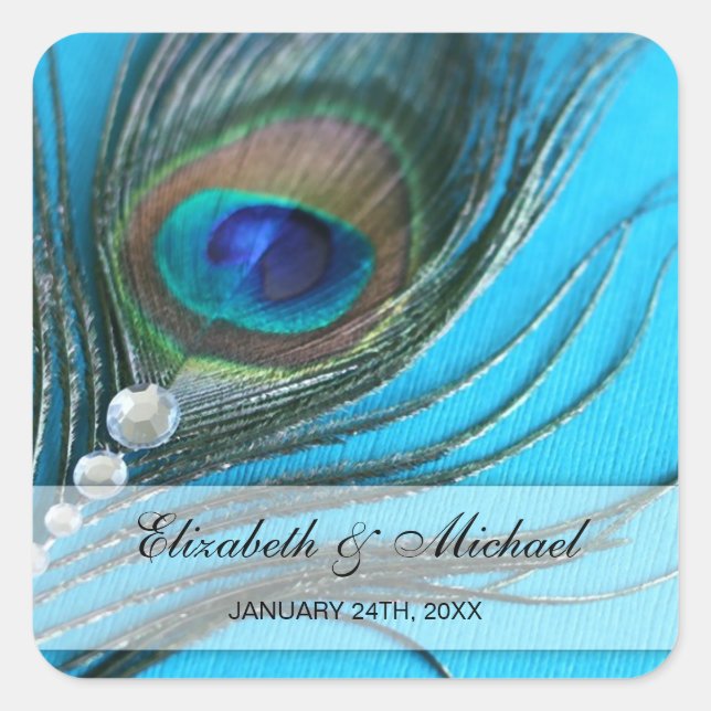 Jewel Peacock Feather Wedding Favour Label (Front)