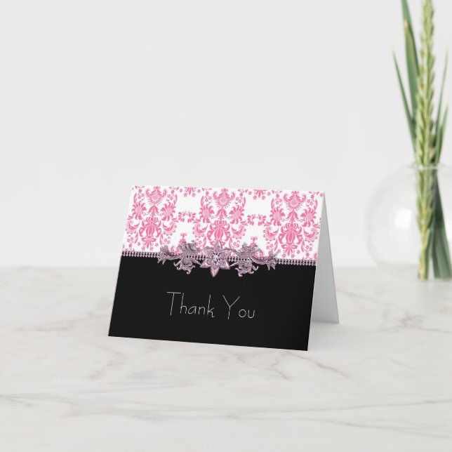 Jewel Pink Black Damask Thank You Cards (Front)