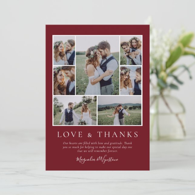 Jewel Red Photo Collage Love and Thanks Wedding Thank You Card (Standing Front)
