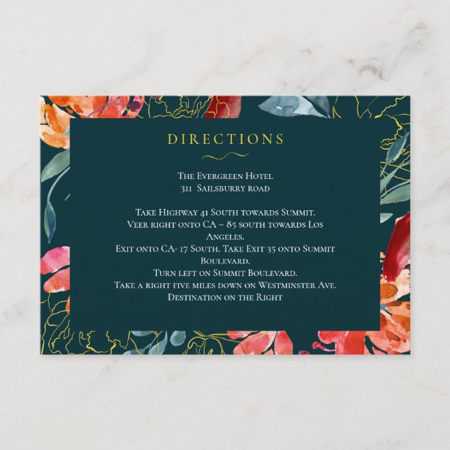 Jewel tone Blue Coral Floral Wedding Directions Enclosure Card (Front)