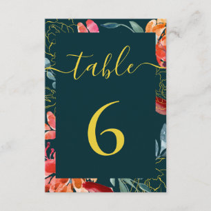 Jewel tone Blue Coral Floral Wedding Table Number