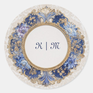 Jewel Tone Blue Damask Gold Baroque Wedding Classic Round Sticker