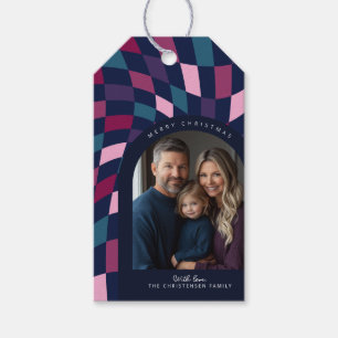 Jewel Tone Chequered Pattern Arch Photo Christmas Gift Tags