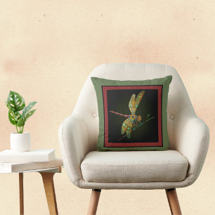 Jewel Tone Dragonfly Meets Mandala on Olive Cushion
