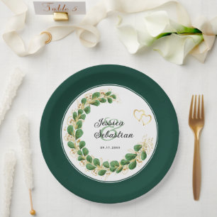 Jewel Tone Emerald Green & Gold Eucalyptus Wedding Paper Plate