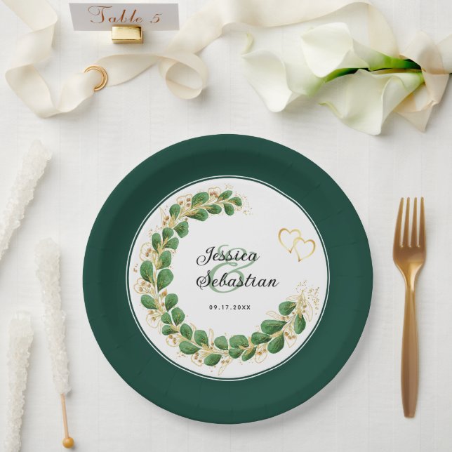Jewel Tone Emerald Green & Gold Eucalyptus Wedding Paper Plate (Wedding)