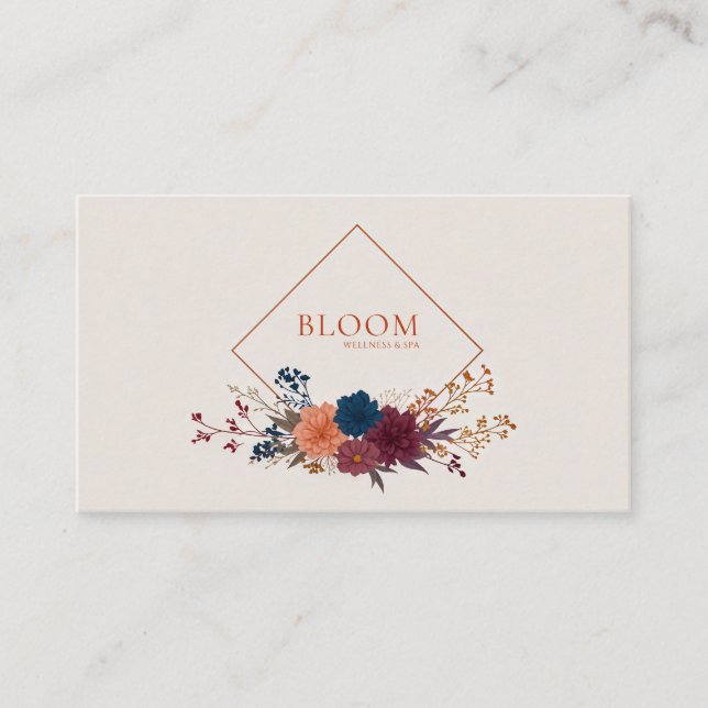 Jewel Tone Floral and Copper Diamond Frame Business Card (Front)