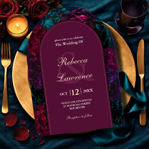 Jewel tone floral arched wedding invitation