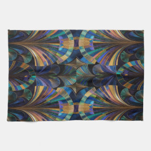 Jewel Tone Peacock Blue Purple Gold Art Deco Tea Towel