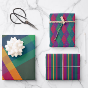 Jewel Tone Plaid Argyle Stripes Wrapping Paper Sheet