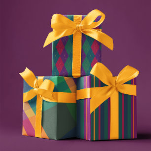 Jewel Tone Plaid Argyle Stripes Wrapping Paper Sheet