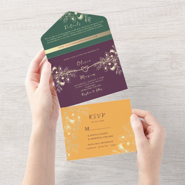 Jewel Tone Plum Purple Wedding All In One Invitation (Tearaway)