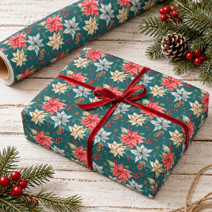 Jewel Tone Poinsettia Christmas Gift Pattern Wrapping Paper