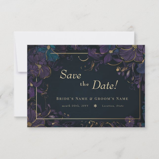Jewel Tone Purple and Teal Flowers Save The Date (Front)