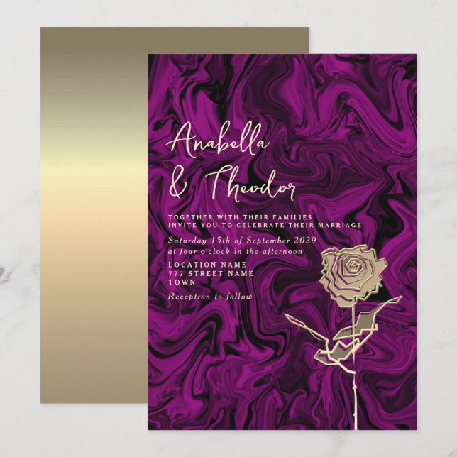 Jewel Tone Purple Gold Wedding Invitation (Front/Back)