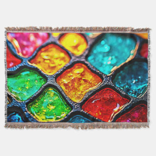 Jewel Tone Stained Glass Art Glow Design Throw Blanket