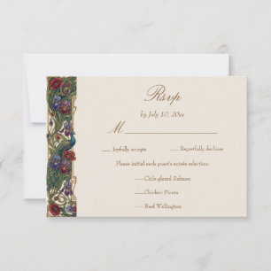 Jewel Tone Vintage Floral Peacocks Wedding Meal RSVP Card
