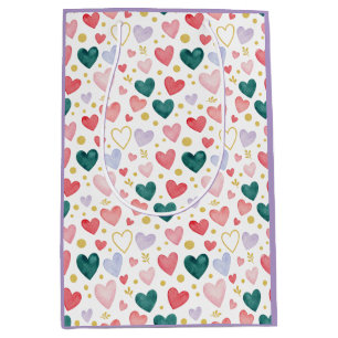 : Jewel-Tone Whimsy: Watercolor Hearts & Golden Medium Gift Bag