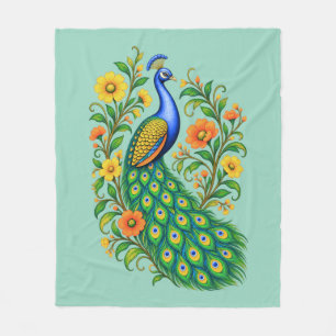 Jewel Toned Art Nouveau Peacock and Flowers Fleece Blanket