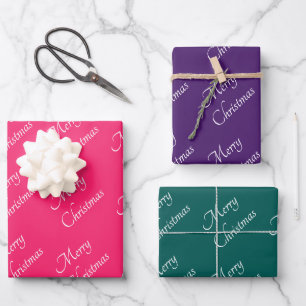 Jewel Toned Pink Purple Green Merry Christmas Wrapping Paper Sheet