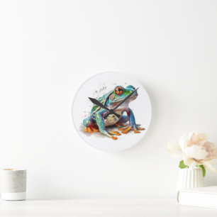  Jewel-Toned Watercolor Frog  Round Clock
