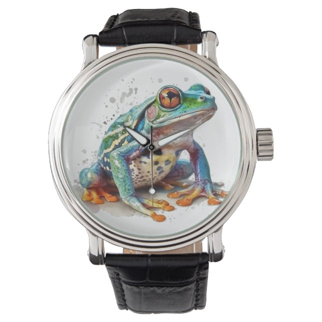 Jewel-Toned Watercolor Frog Watch (Front)