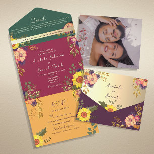 Jewel Tones Boho Sunflower Wedding All In One Invitation