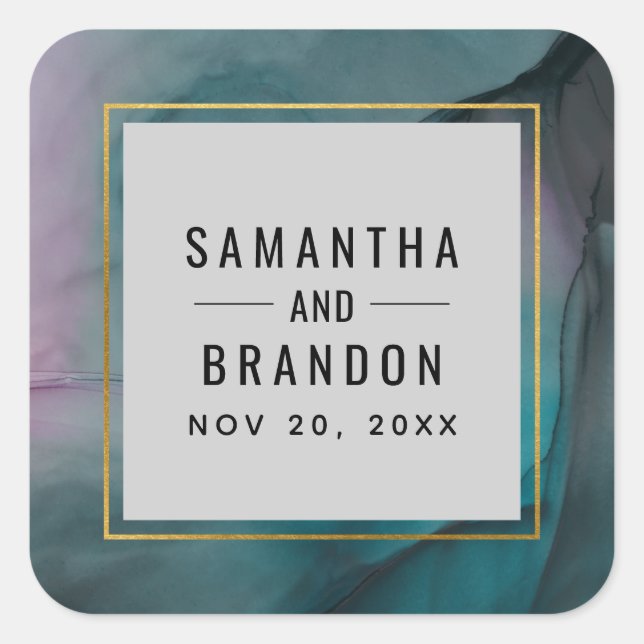 Jewel Tones Marble Ink Wash Pattern Wedding Square Sticker (Front)