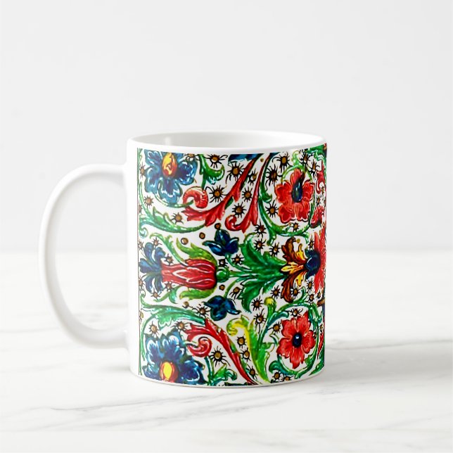 Jewel Tones Mediaeval Manuscript Flowers Scrolls Coffee Mug (Left)