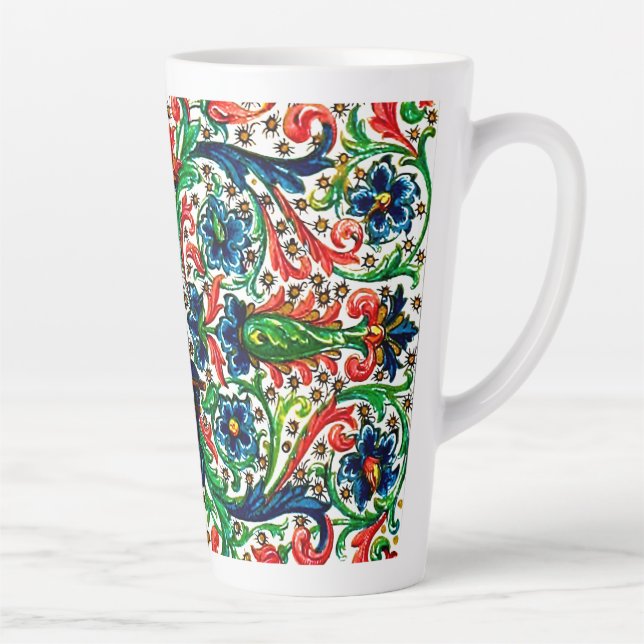 Jewel Tones Mediaeval Manuscript Flowers Scrolls Latte Mug (Right)