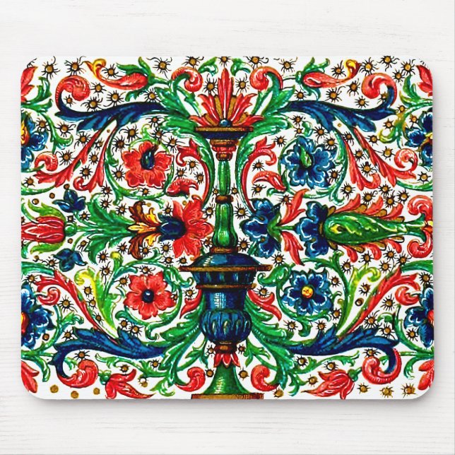 Jewel Tones Mediaeval Manuscript Flowers Scrolls Mouse Mat (Front)