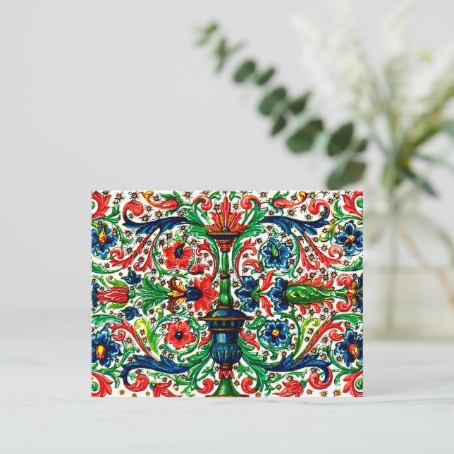 Jewel Tones Mediaeval Manuscript Flowers Scrolls Postcard (Standing Front)