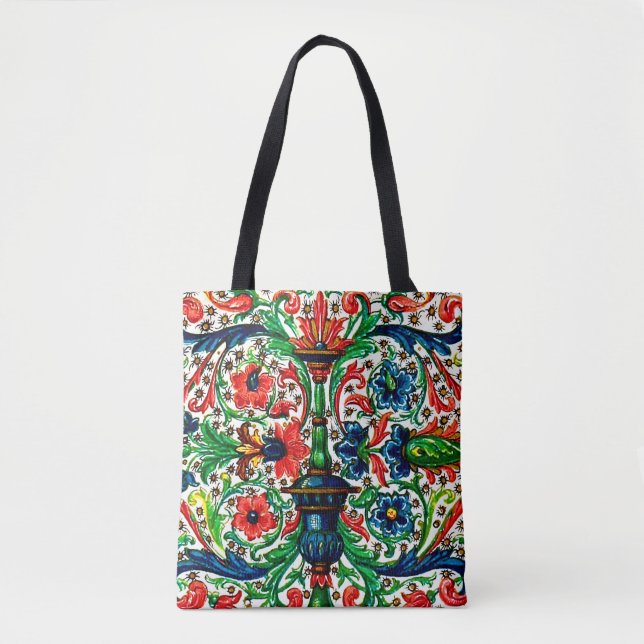 Jewel Tones Mediaeval Manuscript Flowers Scrolls Tote Bag (Front)