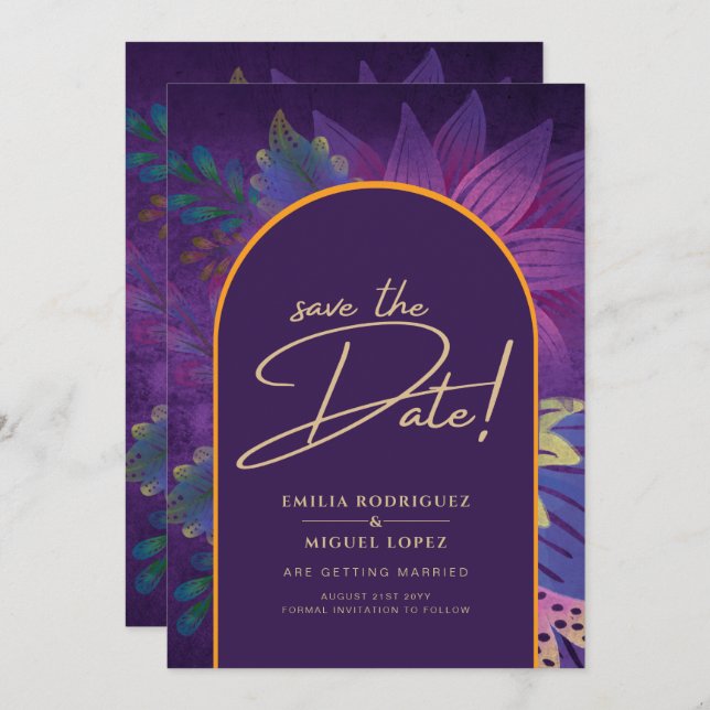 Jewel Tones Plum Purple Berry Gold Wedding Invitation (Front/Back)
