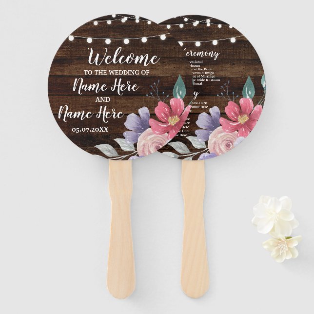 Jewel Wood Floral Wedding Programme Flowers Fan (Front and Back)