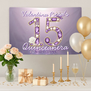 Jeweled Amethyst & Pearl White Rose Quinceañera  Banner