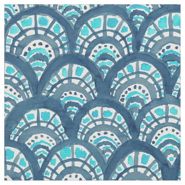 JEWELED SCALES Navy Mermaid Fish Pattern Fabric (Close Up)
