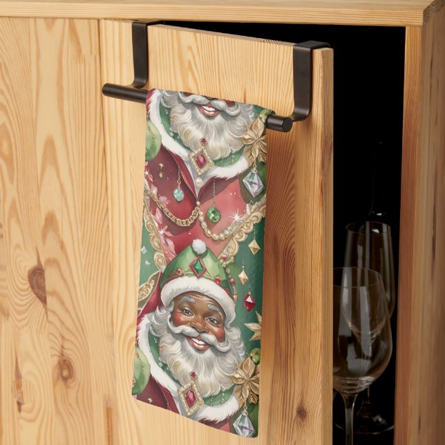 Jewelled Black Santa Vintage Style Christmas Tea Towel (Thirds Fold)