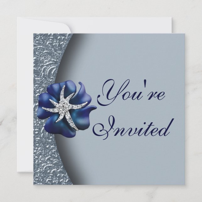 Jewelled Blue Flower Party Invitation (Front)